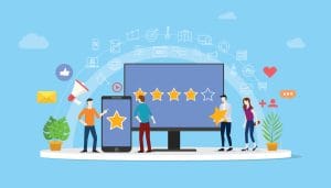 online reputation management team working together for customer review rating star with people work together to manage vector